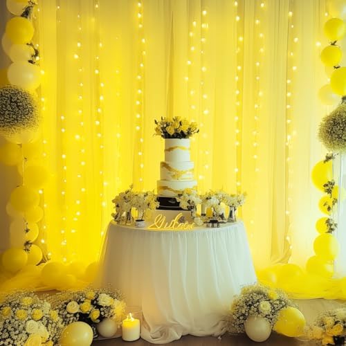 30ft x 10ft Yellow Backdrop Curtain with Lights String for Parties, Sheer Tulle Wedding Photo Backdrops Drapes, alternate