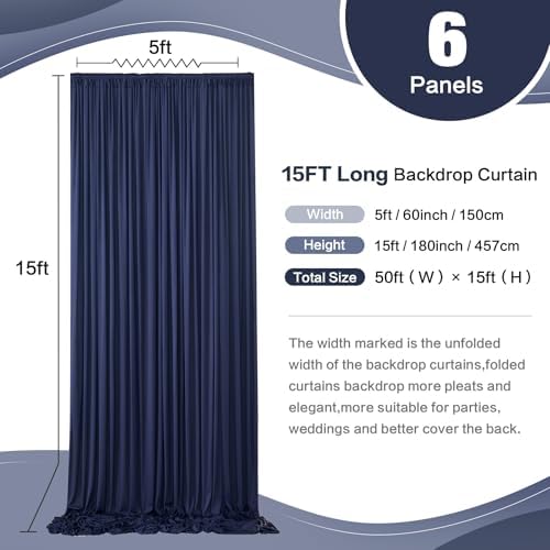 30ft x 15ft Navy Blue Backdrop Curtain for Wedding Party 6 Panels 5x15ft Wrinkle Free Silky Polyester Backdrop, alternate