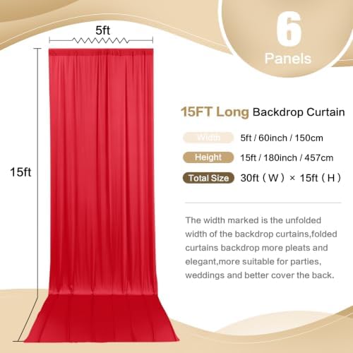30ft x 15ft Red Backdrop Curtain for Wedding Party 6 Panels 5x15ft Wrinkle Free Silky Polyester Backdrop Drapes, alternate