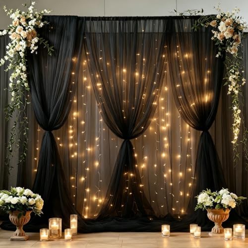 30ft x 8ft Black Backdrop Curtain Panels with Lights String for Parties, Sheer Tulle Wedding Backdrop Drapes for