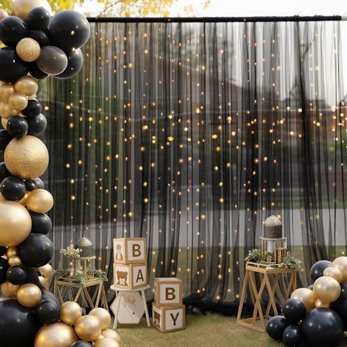 30ft x 8ft Black Backdrop Curtain Panels with Lights String for Parties, Sheer Tulle Wedding Backdrop Drapes for, alternate