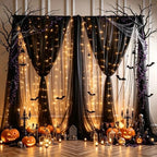 30ft x 8ft Black Backdrop Curtain Panels with Lights String for Parties, Sheer Tulle Wedding Backdrop Drapes for, alternate