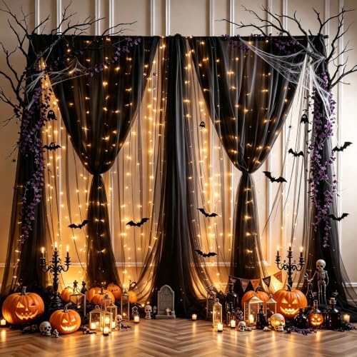 30ft x 8ft Black Backdrop Curtain Panels with Lights String for Parties, Sheer Tulle Wedding Backdrop Drapes for, alternate