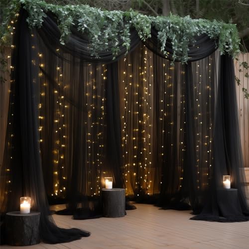 30ft x 8ft Black Backdrop Curtain Panels with Lights String for Parties, Sheer Tulle Wedding Backdrop Drapes for, alternate