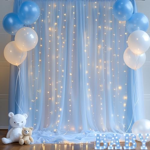 30ft x 8ft Blue Backdrop Curtain Panels with Lights String for Parties, Sheer Tulle Wedding Backdrop Drapes for, alternate