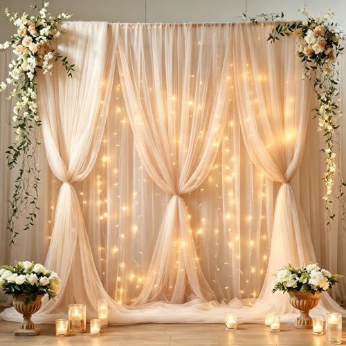 30ft x 8ft Champagne Backdrop Curtain Panels with Lights String for Parties, Sheer Tulle Wedding Backdrop Drapes
