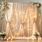 30ft x 8ft Champagne Backdrop Curtain Panels with Lights String for Parties, Sheer Tulle Wedding Backdrop Drapes