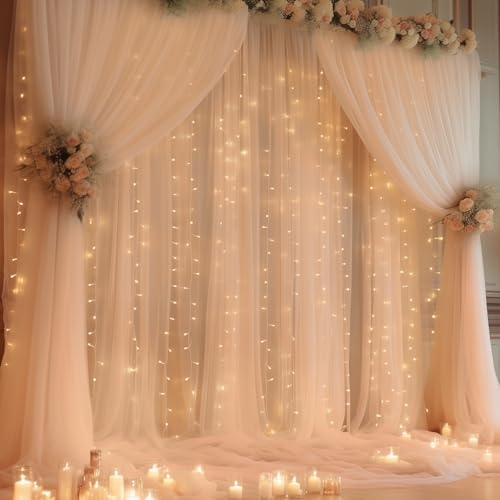 30ft x 8ft Champagne Backdrop Curtain Panels with Lights String for Parties, Sheer Tulle Wedding Backdrop Drapes, alternate
