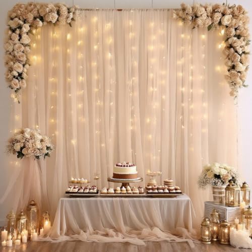 30ft x 8ft Champagne Backdrop Curtain Panels with Lights String for Parties, Sheer Tulle Wedding Backdrop Drapes, alternate