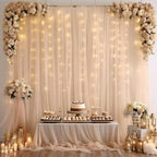 30ft x 8ft Champagne Backdrop Curtain Panels with Lights String for Parties, Sheer Tulle Wedding Backdrop Drapes, alternate