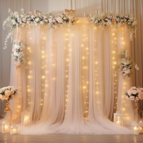 30ft x 8ft Champagne Backdrop Curtain Panels with Lights String for Parties, Sheer Tulle Wedding Backdrop Drapes, alternate