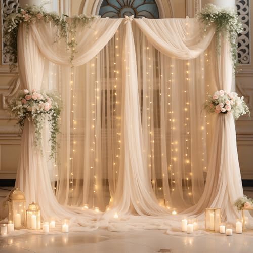 30ft x 8ft Champagne Backdrop Curtain Panels with Lights String for Parties, Sheer Tulle Wedding Backdrop Drapes, alternate