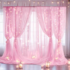 30ft x 8ft Pink Backdrop Curtain with Lights String for Parties, Sheer Tulle Wedding Photo Backdrops Drapes for