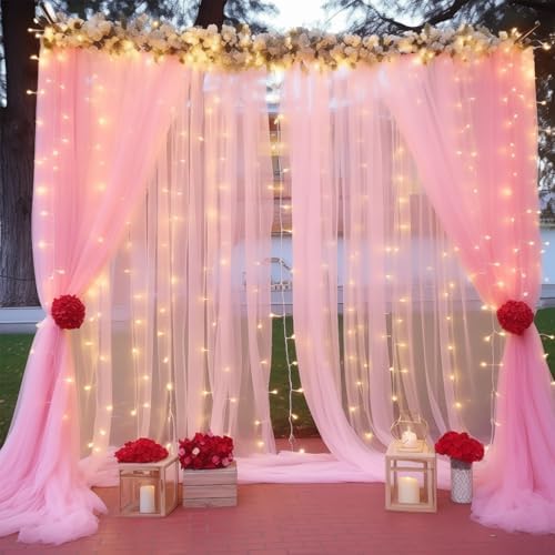30ft x 8ft Pink Backdrop Curtain with Lights String for Parties, Sheer Tulle Wedding Photo Backdrops Drapes for, alternate