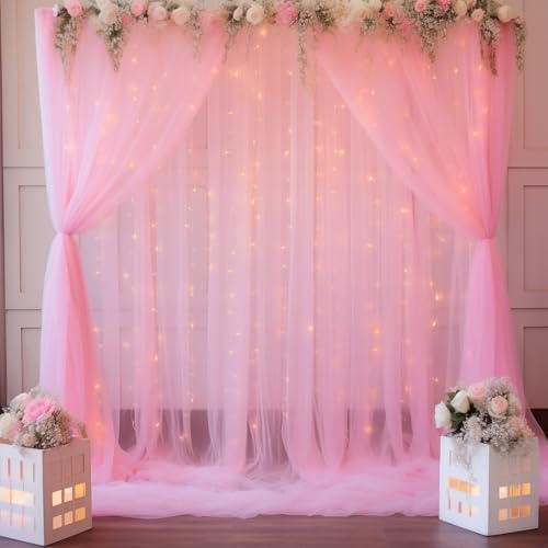 30ft x 8ft Pink Backdrop Curtain with Lights String for Parties, Sheer Tulle Wedding Photo Backdrops Drapes for, alternate