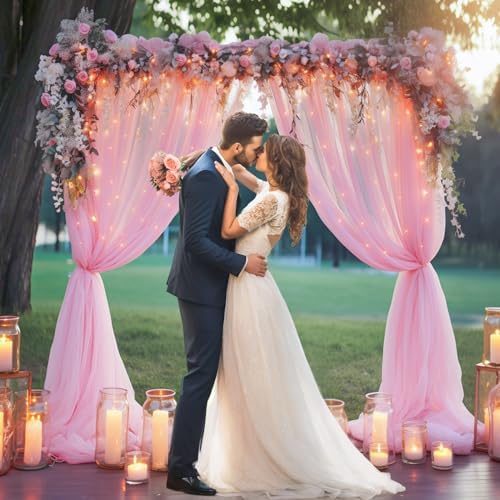 30ft x 8ft Pink Backdrop Curtain with Lights String for Parties, Sheer Tulle Wedding Photo Backdrops Drapes for, alternate