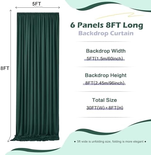30ft x 8ft Wrinkle Free Hunter Green Backdrop Curtain for Jungle Parties, 6 Panels 5×8ft Soft Silky Green, alternate view 5