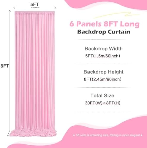 30ft x 8ft Wrinkle Free Pink Backdrop Curtain for Parties, 6 Panels 5×8ft Silky Polyester Light Pink Photo, alternate view 2