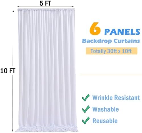 30ftx10ft Wrinkle Free White Backdrop Curtains for Party Background, 6 Panels 5x10ft Silky Polyester Photo, alternate view 6
