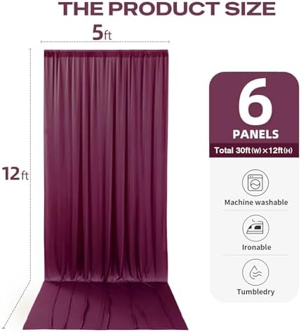 30ftx12ft Burgundy Backdrop Curtains for Parties, Wrinkle Free Polyester Burgundy Photo Backdrop Drapes 6 Panels, alternate