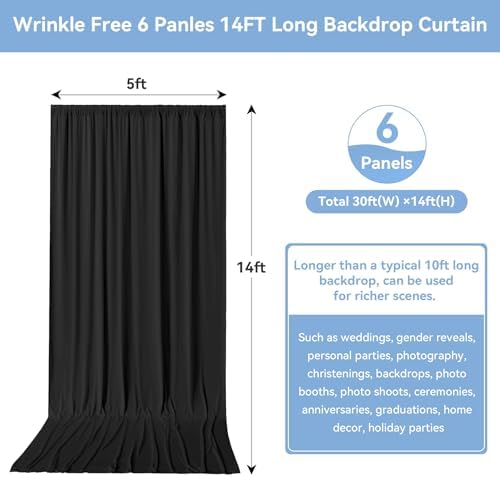 30FTx14FT Black Backdrop Curtains for Wedding Party, Birthday and Halloween in W5' x H14'(6 panels) in black, alternate view
