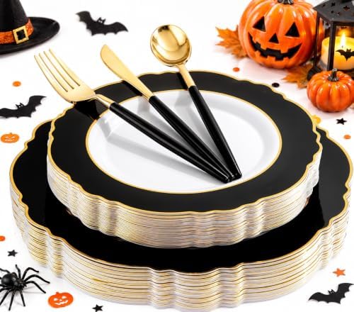 30Guest Black and Gold Plastic Plates - Gold Plastic Silverware With Black Handle Baroque Halloween Black and