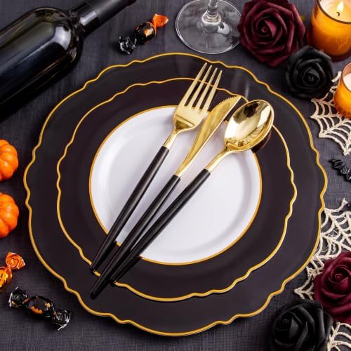 30Guest Black and Gold Plastic Plates - Gold Plastic Silverware With Black Handle Baroque Halloween Black and, alternate view