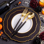 30Guest Black and Gold Plastic Plates - Gold Plastic Silverware With Black Handle Baroque Halloween Black and, alternate view