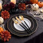 30Guest Black and Gold Plastic Plates - Gold Plastic Silverware With Black Handle Baroque Halloween Black and, alternate view