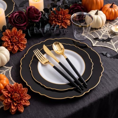 30Guest Black and Gold Plastic Plates - Gold Plastic Silverware With Black Handle Baroque Halloween Black and, alternate view
