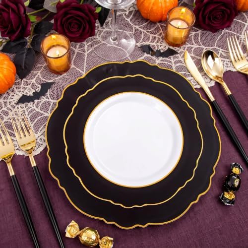 30Guest Black and Gold Plastic Plates - Gold Plastic Silverware With Black Handle Baroque Halloween Black and, alternate view
