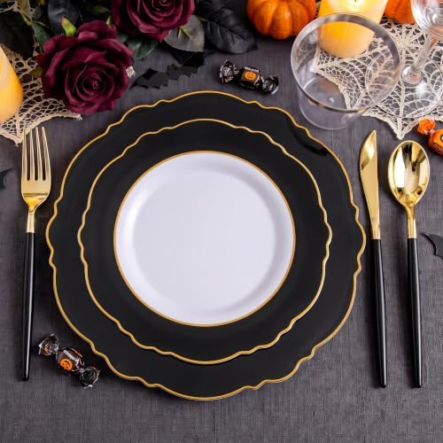 30Guest Black and Gold Plastic Plates - Gold Plastic Silverware With Black Handle Baroque Halloween Black and, alternate view