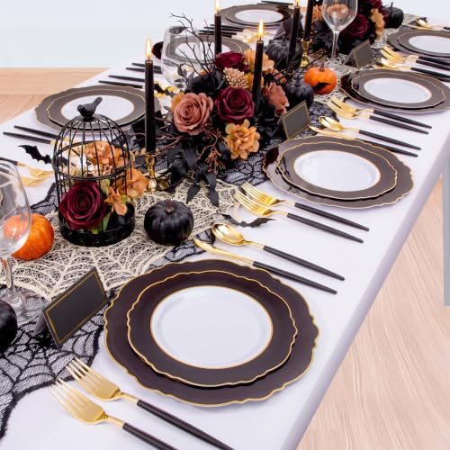 30Guest Black and Gold Plastic Plates - Gold Plastic Silverware With Black Handle Baroque Halloween Black and, alternate view
