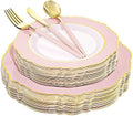 30Guest Pink Plates Disposable - Hign-end Baroque Design - Gold Plastic Silverware with Handle-Baroque Pink