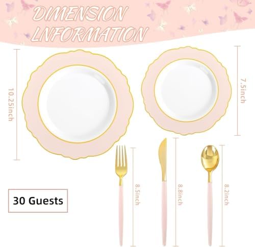 30Guest Pink Plates Disposable - Hign-end Baroque Design - Gold Plastic Silverware with Handle-Baroque Pink, alternate view 3
