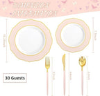 30Guest Pink Plates Disposable - Hign-end Baroque Design - Gold Plastic Silverware with Handle-Baroque Pink, alternate view 3
