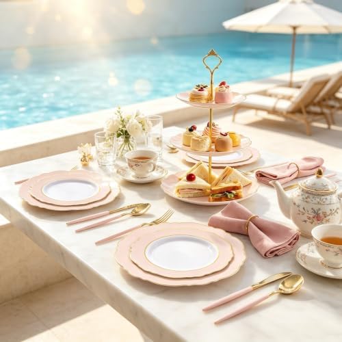 30Guest Pink Plates Disposable - Hign-end Baroque Design - Gold Plastic Silverware with Handle-Baroque Pink, alternate view 5