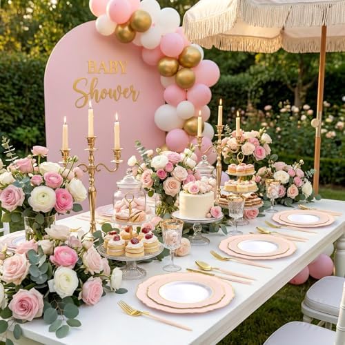 30Guest Pink Plates Disposable - Hign-end Baroque Design - Gold Plastic Silverware with Handle-Baroque Pink, alternate view 6