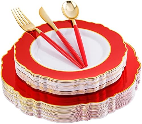 30Guest Red Plastic Plates - Gold Plastic Silverware With Red Handle - Red Plates Disposable- Baroque Plastic