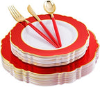 30Guest Red Plastic Plates - Gold Plastic Silverware With Red Handle - Red Plates Disposable- Baroque Plastic