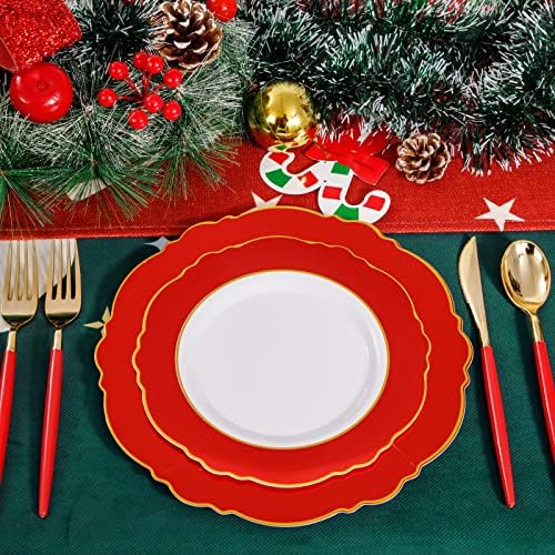 30Guest Red Plastic Plates - Gold Plastic Silverware With Red Handle - Red Plates Disposable- Baroque Plastic, alternate view