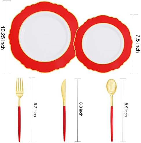 30Guest Red Plastic Plates - Gold Plastic Silverware With Red Handle - Red Plates Disposable- Baroque Plastic, alternate view