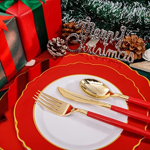 30Guest Red Plastic Plates - Gold Plastic Silverware With Red Handle - Red Plates Disposable- Baroque Plastic, alternate view