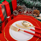 30Guest Red Plastic Plates - Gold Plastic Silverware With Red Handle - Red Plates Disposable- Baroque Plastic, alternate view