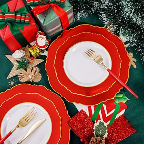 30Guest Red Plastic Plates - Gold Plastic Silverware With Red Handle - Red Plates Disposable- Baroque Plastic, alternate view