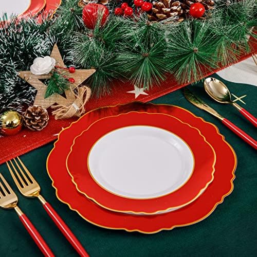 30Guest Red Plastic Plates - Gold Plastic Silverware With Red Handle - Red Plates Disposable- Baroque Plastic, alternate view