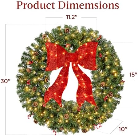 30in Pre-Lit Christmas Wreath w/Berries & Pinecones, Large Artificial Indoor/Outdoor Decor for Door, Mantel, alternate view 2