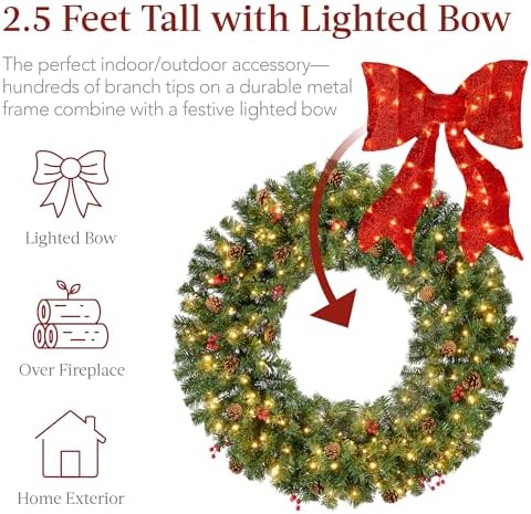 30in Pre-Lit Christmas Wreath w/Berries & Pinecones, Large Artificial Indoor/Outdoor Decor for Door, Mantel, alternate view 5