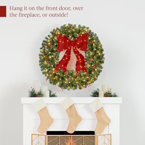 30in Pre-Lit Christmas Wreath w/Berries & Pinecones, Large Artificial Indoor/Outdoor Decor for Door, Mantel, alternate view 6