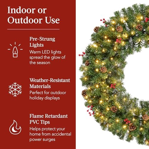 30in Pre-Lit Christmas Wreath w/Berries & Pinecones, Large Artificial Indoor/Outdoor Decor for Door, Mantel, alternate view 7